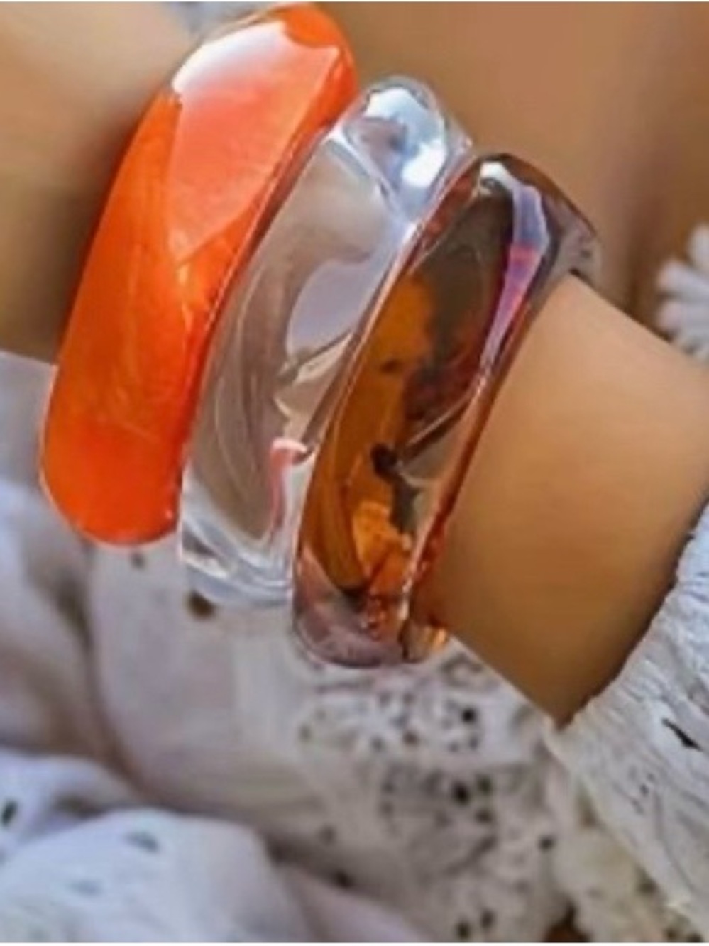 Set of Three Chunky Resin Bangles - Orange, Clear, Amber
